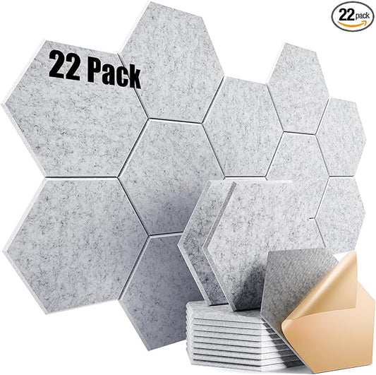 22 Pack Self-Adhesive Acoustic Panels 12" X 10" X 0.4" - Sound Proof Foam Panels with High Density, Hexagonal Design, Flame Resistant, Absorb Noise and Eliminate Echoes(Silvergray)
