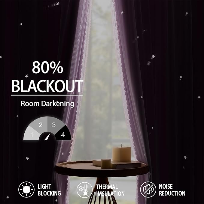 XiDi Purple Curtains for Bedroom Living Room 2 Panels Thermal Insulated Kids Blackout Curtain Hollow-Out Star Window Nursery Girls Curtains 45 inches Length Room Darkening Grommet W52 x L45