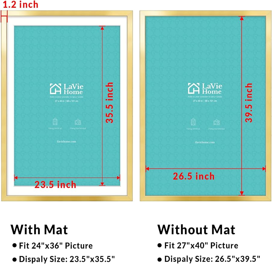 LaVie Home 27x40 Picture Frame Gold Poster Frame,Display Pictures 24x36 with Mat or 27x40 Without Mat, Frame and Polished Plexiglass, Horizontal and Vertical Format of The Walls