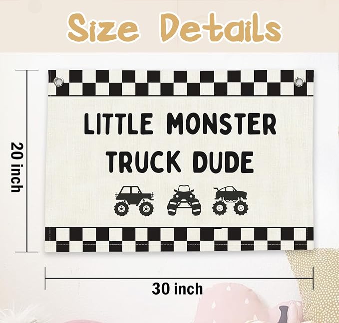 RTXLEZM Little Monster Truck Dude Room Decor, Kids Room Decor | Monster Truck Car Wall Canvas Banner Hanging,Checkered for Toddler Playroom Kids Room Nursery Boys Toy Room Bedroom 20x30