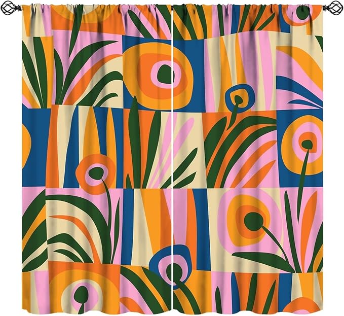 JESTRONRY Mid Century Boho Curtains, Modern Abstract Cute Retro Floral Vintage Checkered Flower Print Blackout Window Door Curtains for Bedroom Living Room Home Decor 55x63in