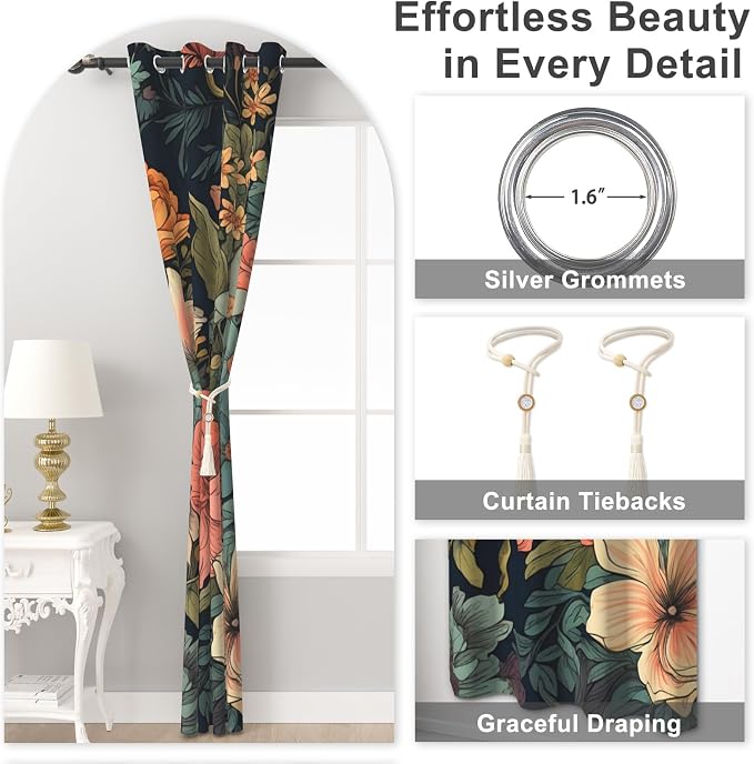 Boho Floral Blackout Curtains for Bedroom and Living Room, Grommet Thermal Insulated Black Out Window Drapes with Curtain Tiebacks, Soundproof Privacy Patterned Curtains 84 Inch Long 2 Panels Set