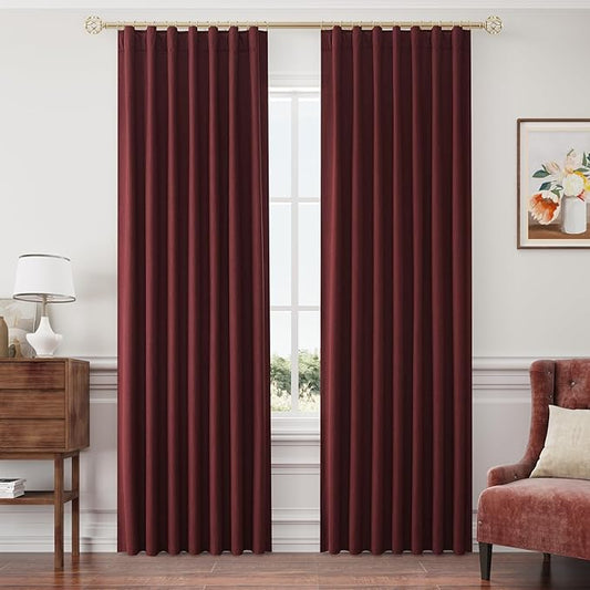 Joywell 100% Blackout Linen Curtains 90 Inch Long for Bedroom Window Black Out Curtain Back Tab Hook Belt Clip Rings Light Blocking Drapes for Living Room 2 Panels,52 x 90,Burgundy
