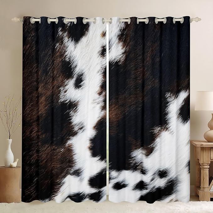Brown Cowhide Window Curtains Western Black White Cow Print Curtains For Bedroom Living Room Bull Cattle Animal Fur Curtain Drapes Rustic Farmhouse Cowboy Window Treatments 2 Panels 52"Wx96"L