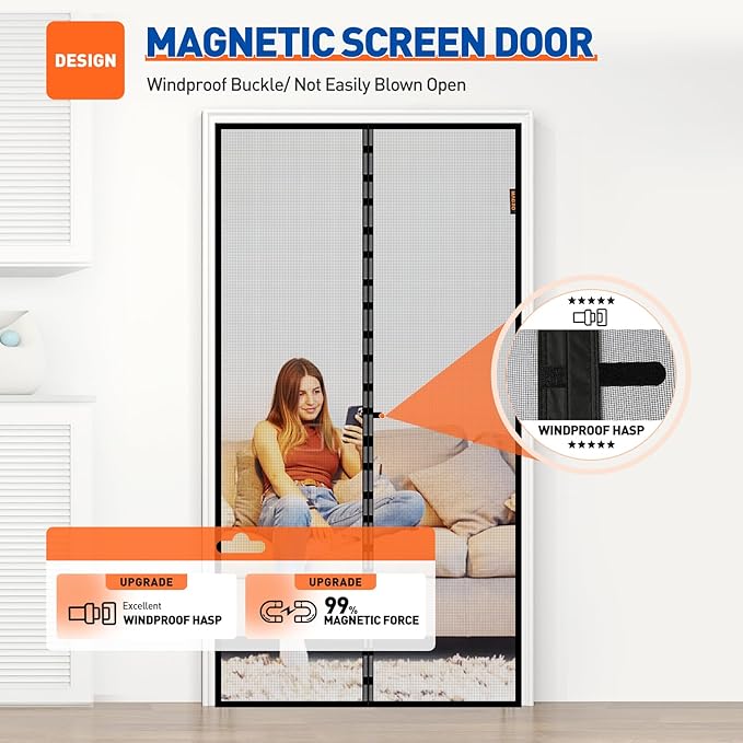 MAGZO Magnetic Screen Door Fit Door Size 38 x 99 Inch, Screen Size 40" x 100" Strong Magnets Mesh, Reinforced Fiberglass Net for Patio and Front Entrances, Gray