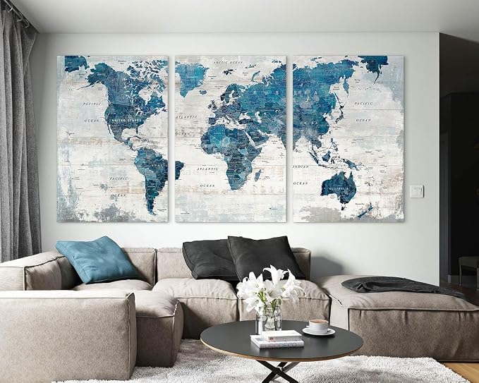 Office Wall Art Extra Large Framed World Maps Canvas Living Room Pictures | Oversized Wall Decor for Men Women Neutral Artwork Vintage Huge Giant Blue Map Travel Paintings