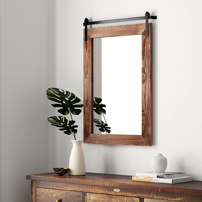 COGOOD Bathroom Mirrors for Over Sink - 26" X 17" Farmhouse Barn Door Wall Mirror for Bathroom, Living Room, Entryway Wall Decorative Brown