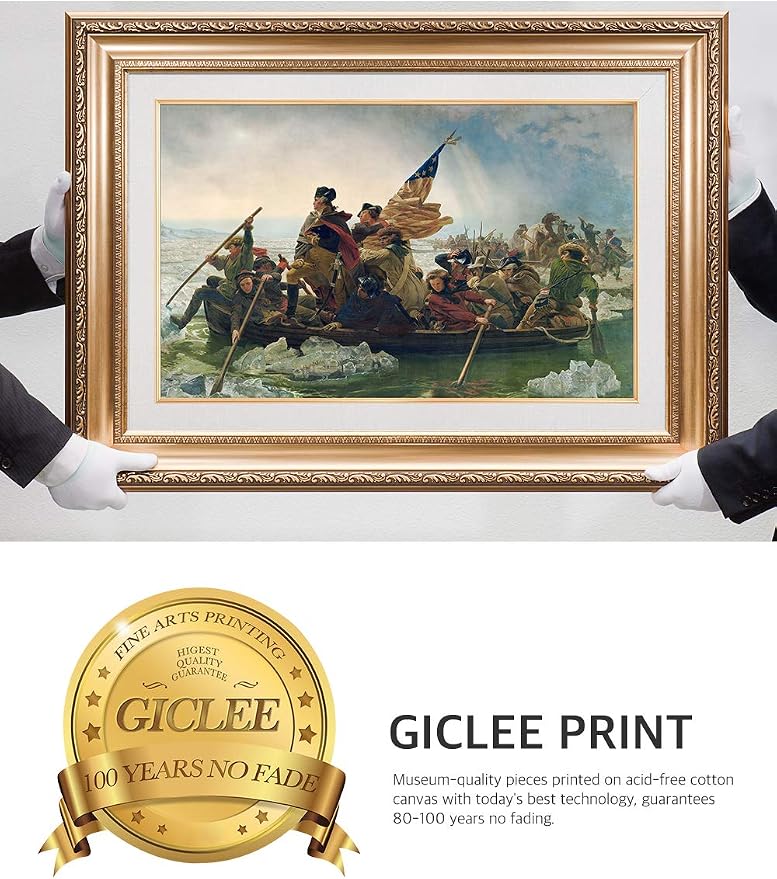 DECORARTS - 'Washington Crossing the Delaware', Emanuel Leutze Classic Art, Giclee Prints on Canvas with matching Golden Frame for Home Decor. Canvas Print Size: 30x20in Total Framed Size: 36x26
