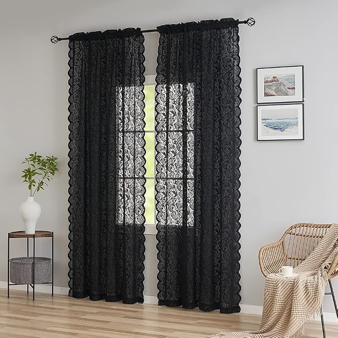 ALIGOGO Black Lace Curtains 72 inch Length 2 Panels Set -Vintage Paisley Black Sheer Curtain Panels Gothic Curtains for Bedroom French Door Boho Decor Filtering Rod Pocket 52 x 72 Inch