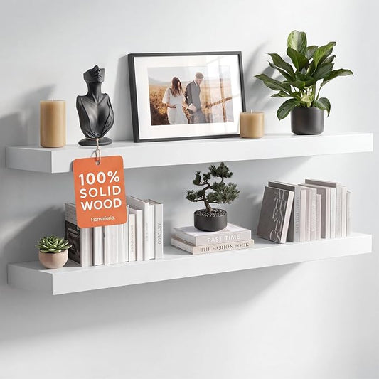 Homeforia White Floating Shelves 36 inch, High End Solid Real Wood 36inch Floating Shelf for Wall Mounted, White Wooden 36in Long Floating Shelves, Heavy Duty Bracket, 36 X 6.5 X 1.75 inches, Set of 2