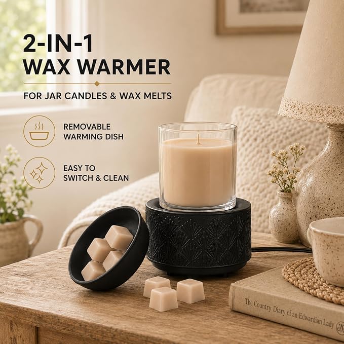 Mocosa Ceramic Wax Warmer Wax Melt Warmer for Scented Wax 3-1 Electric Candle Warmer Home Fragrance Wax Burner Perfect Christmas Gifts for Mom Women(Black-Fan Shaped)