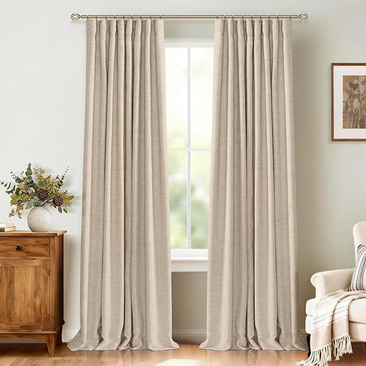 100% Blackout Shield Full Blackout Curtains for Bedroom 108 inch Length 2 Panels Set, Clip Rings/Rod Pocket Faux Linen Black Out Curtains for Living Room, Thermal Insulated, 50Wx108L, Oatmeal