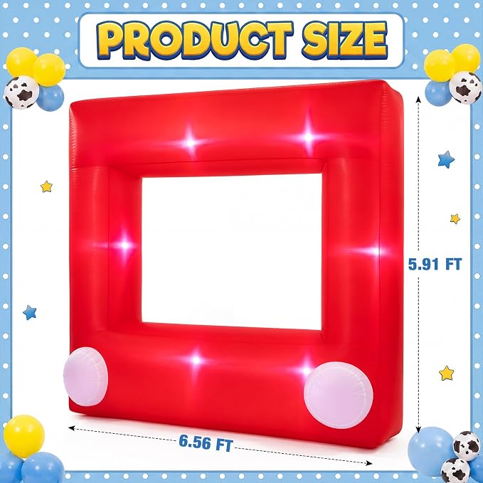 Soulchen 6 x 5 ft Inflatable Cartoon Story Photo Frame Decor with Built in LEDs Lighted and Air Blower, Large Red Blow up Giant Picture Frame for Birthday Photo Props