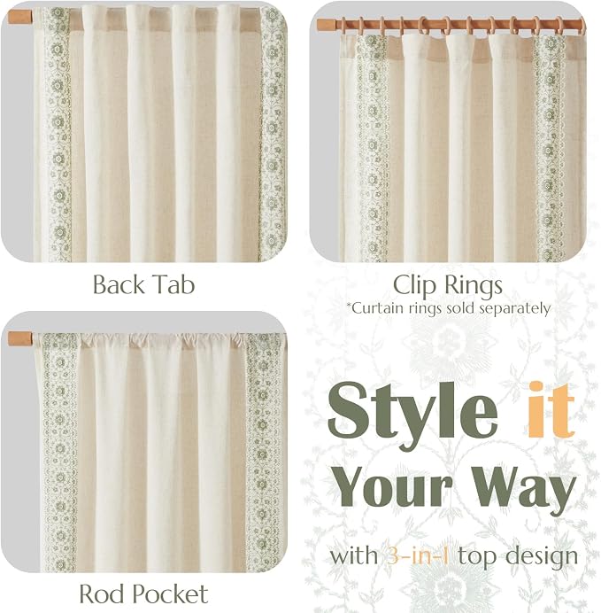 jinchan Weslie Boho Curtains for Bedroom 4 Pack Sage Green Vintage Floral Farmhouse Curtains 63 Inch Linen Drapes for Living Room Embroidered Light Filtering Drapes Cottagecore Sage on Beige