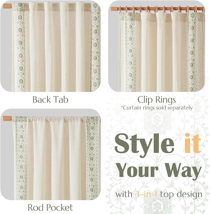 jinchan Weslie Boho Curtains for Bedroom Sage Green Vintage Floral Farmhouse Curtains 63 Inch Linen Drapes for Living Room Embroidered Light Filtering Drapes Rod Pocket Sage on Beige 2 Panels