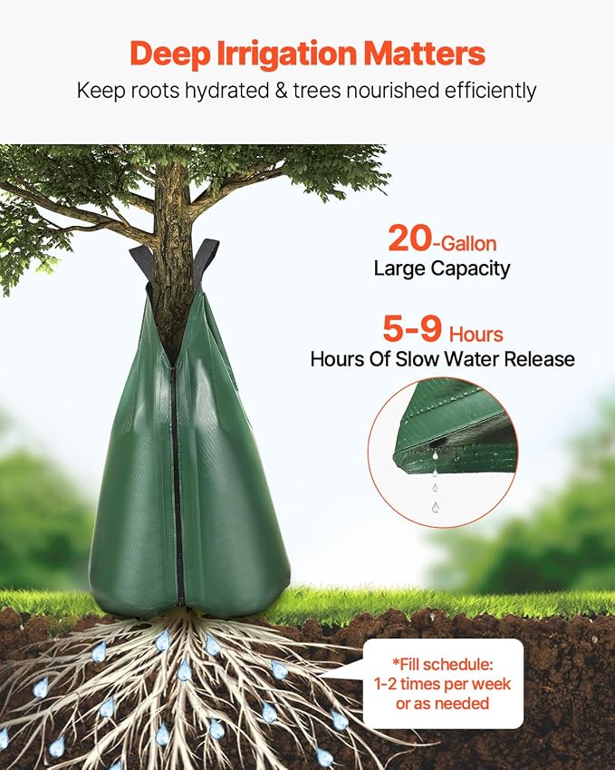 VEVOR 4 Pack 20 Gallons Tree Watering Bag, Slow Release Tree Watering Bags, Refillable Tree Drip Irrigation Water Bags for Trees, Durable Tree Watering System for Deep Root Targeting