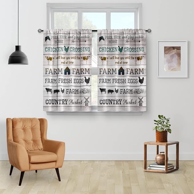 Aimego Farmhouse Country Kitchen Curtains - Farm Rooster Rustic Style Vintage Chicken Short Cafe Curtains Decor Retro Wood Animal Cow Pig Tier Curtains Pocket Window Drapes RV Curtains 2 Panels Set