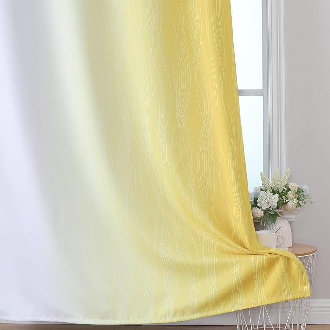 Estelar Textiler Yellow and Greyish White Ombre Blackout Curtains 45 Inch Length 2 Panels, Full Room Darkening Gradient Drapes for Bedroom,Thermal Insulated Grommet Short Curtains for Bathroom,42Wx45L