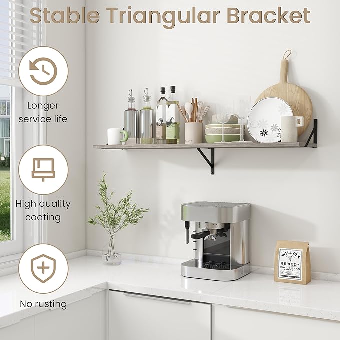Dreamland Floating Shelves for Wall, 12 Inch Deep Floating Shelves Set of 2, 48W x 12D Large Wall Shelf with Sturdy Metal Brackets for Living Room, Bathroom, Bedroom and Kitchen, Grey