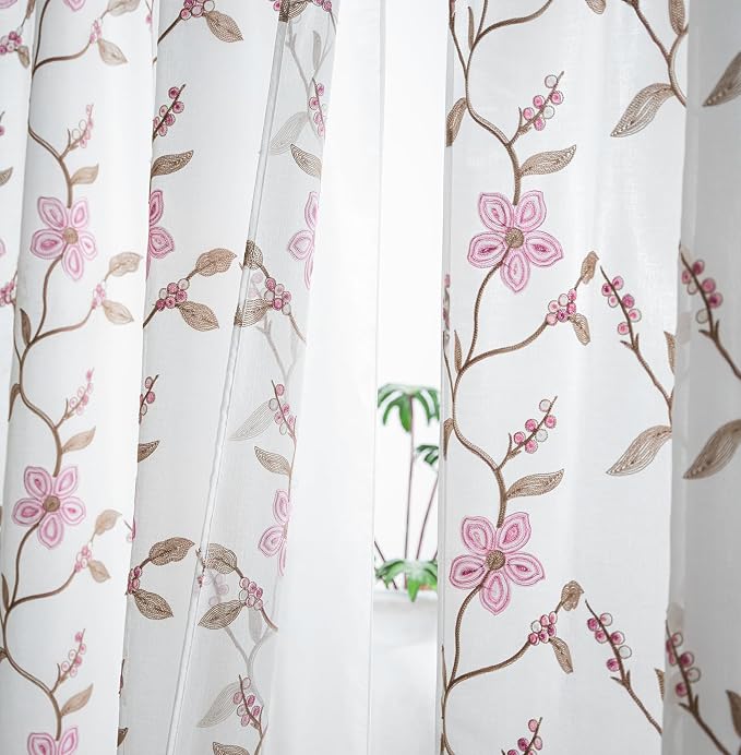 Petrichor Embroidered Sheer Curtain 2 Panels Set - Luxury Window Curtain Attached Valance with Satin Backing and 2 Tie Backs for Living Room,Dining Room, 54x95 inches, Rose