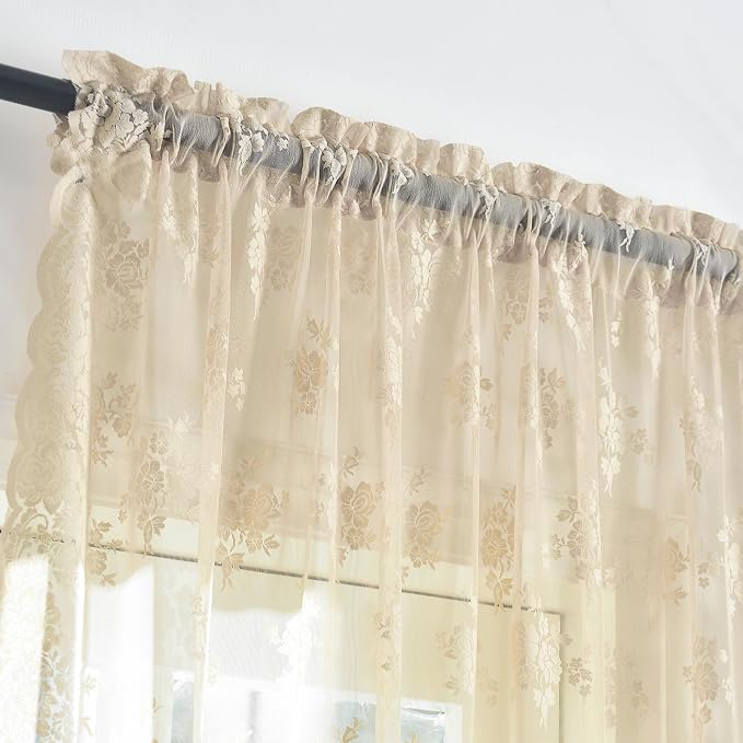 Kotile Short Lace Curtains 30 Inch Length 2 Panels Rustic Floral Retro Beige Kitchen Lace Curtains for Small Window, Rod Pocket Privacy Sheer Cafe Curtain Over Sink Cabinet, 42 x 30 Inch