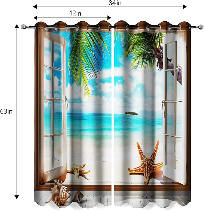 Ocean Beach Blackout Curtains Seaside Palm Tree Shell Starfish Decor Coast Sunshine Blue Sky Summer Curtain Women Men Girls Boys Bedroom Living Room Darkening Grommet Window Drapes 2 Panels, 42"x63"
