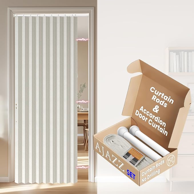 AJAZZ Blackout Accordion Door Sets Included Rod (1 Pack, 54W x 78 L, Beige) Accordion Doors Interior Magnetic Door Curtain for Bedroom Living Room Doorway Curtain