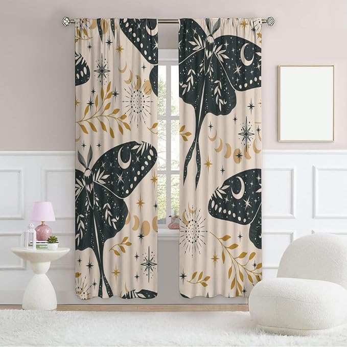 Witchy Curtains, Goth Curtains, Moth Decor, Star Curtains, Moth Curtains Darkening Curtains Botanical Curtains for Bedroom Living Room W63xL63 Inch