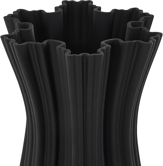 Deco 79 Ceramic Abstract Decorative Vase Ribbed Tulip Inspired Centerpiece Vase with Floral Shaped Rim, Flower Vase for Home Decoration 7" x 7" x 14", Black