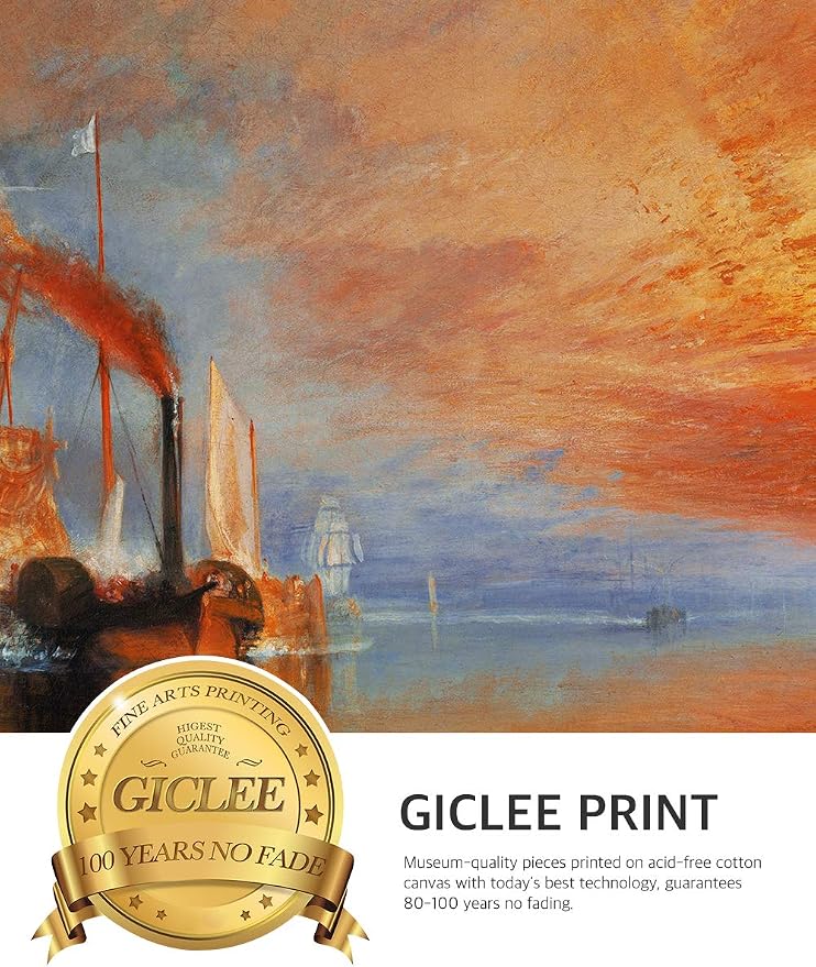 DECORARTS - The Fighting Temeraire by William Turner. Giclee Print on Canvas. Ready to Hang Framed Wall Art for Home and Office Decor. Canvas Print Size: 30x20in Total Framed Size: 36x26