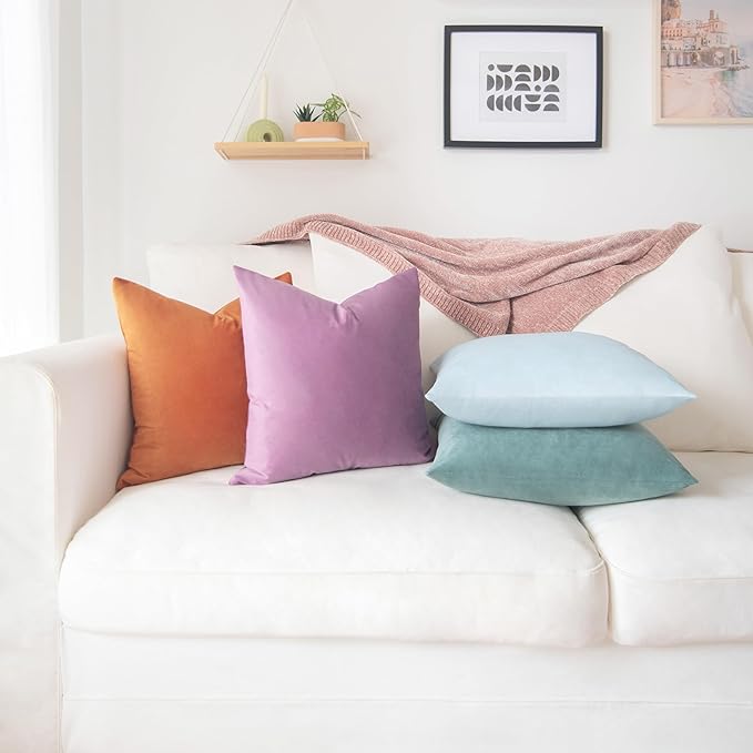 MONDAY MOOSE Decorative Throw Pillow Covers Cushion Cases, Set of 4 Soft Velvet Modern Designs, Mix and Match for Home Decor, Pillow Inserts Not Included (20x20 inch, Purple/Teal)