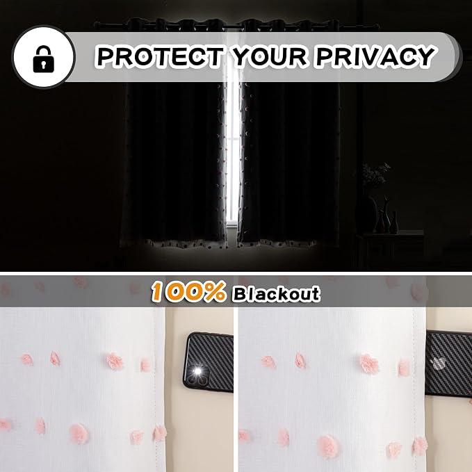 MYSKY HOME 100% Blackout Curtains for Girls Bedroom 80 Inch Long Total Light Blocking Curtains for Living Room 2 Panels Room Darkening Grommet Window Drapes with Pink Pom Pom Sheer 52W x 80L