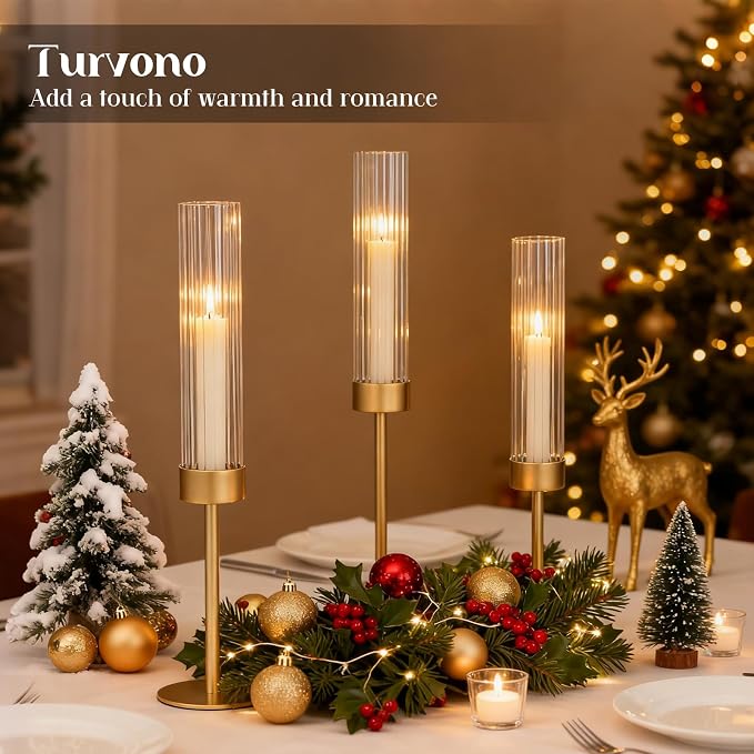 Gold Hurricane Candle Holders Set of 6, Brass Metal Candlestick Holders for Taper Candles, Modern Table Centerpiece Decor for Wedding, Party & Holiday Decorations