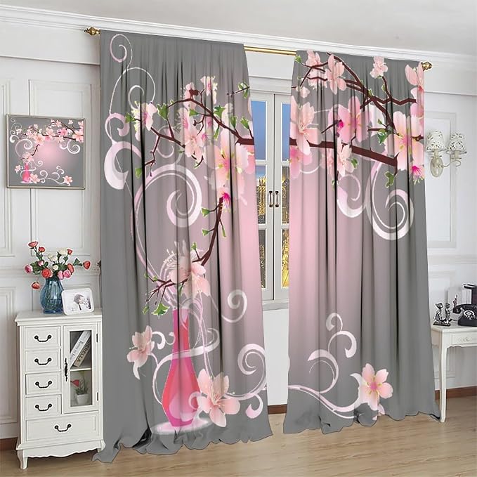Cherry Blossom Curtains,Pink Flower Japanese Floral Print Window Treatments for Bedroom Living Room Kitchen Polyester Fabric Window Drapes 2 Panels Set,Total Size 55 x 63 Inch