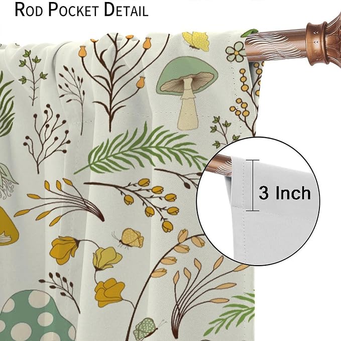 Wild Mushroom Curtains, Vintage Botanical Rustic Retro Wildflower Herbs Plants Green Mushroom Blackout Window Treatments for Living Room Kitchen Bedroom 72x63in