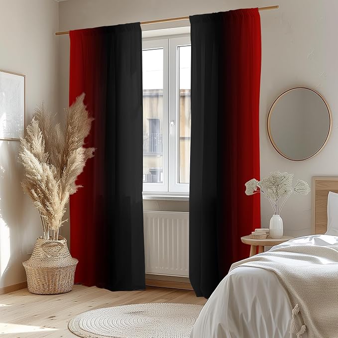 Red and Black Ombre Curtains 72 inches Length for Living Room,Abstract Black and Red Light Filtering Window Curtain Rod Pocket Gradient Vintage Window Drapes for Bedroom Curtains,2 Panels