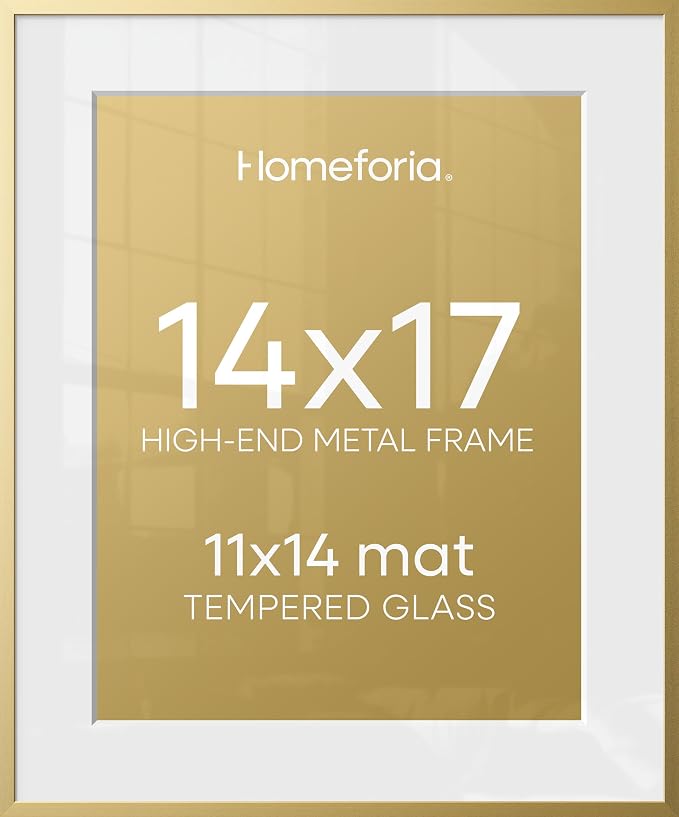 Homeforia 14x17 Picture Frame Gold, High End Metal 14x17 Poster Frames with Mat 11x14 Photo, 14 x 17 Gold Frames Matted to 11 by 14 Print, 17x14 Thin Hanging Frames, Tempered Glass, Wall Kit, Set of 2