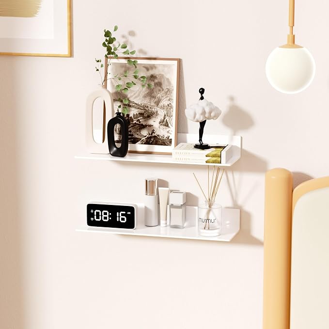 Sezanrpt 20 Inches Acrylic Wall Shelves 2 Pack, Floating Shelf for Wall Mounting, Acrylic Display Ledges for Funko Pop Figures, Home Décor, Living Room, Gaming Room, Plants(20 inch, White)