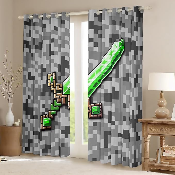 Castle Fairy Green Gemstone Window Curtains,Green Brown Sword Privacy Blackout Curtain for Window Grey Pixel Shade Windows Covering for Bedroom Miner Theme Square Drapes 2 Panels,52Wx63L