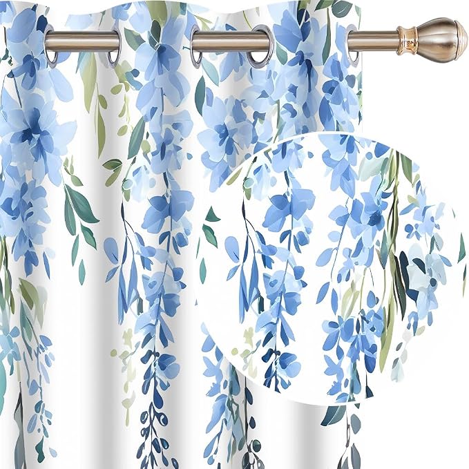 Blue Watercolor Floral Curtains, 42x84 inch, 2 Panels | Botanical Leaves Vine Flowers, Rustic Farmhouse, Blackout Window Treatment, For Bedroom Living Room