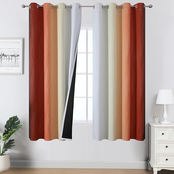 Estelar Textiler Burnt Orange and Greyish White Blackout Ombre Curtains for Bedroom 63 Inches Long, Gradient Light Blocking Thermal Insulated Grommet Drapes for Living Room,52Wx63L,2 Panels