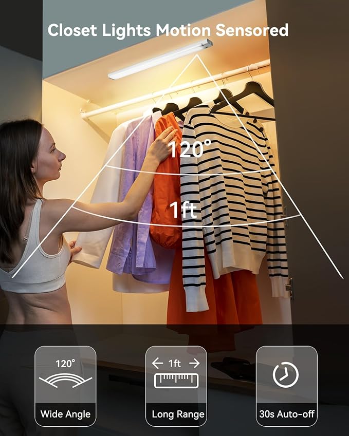 Under Cabinet Lighting Wireless, 3 Packs Rechargeable Motion Sensor Light Indoor Disassembled, 3 Color Temps Closet Light Stick on, 8 Inches Under Counter Lights for Kitchen, Wardrobe, Bedroom