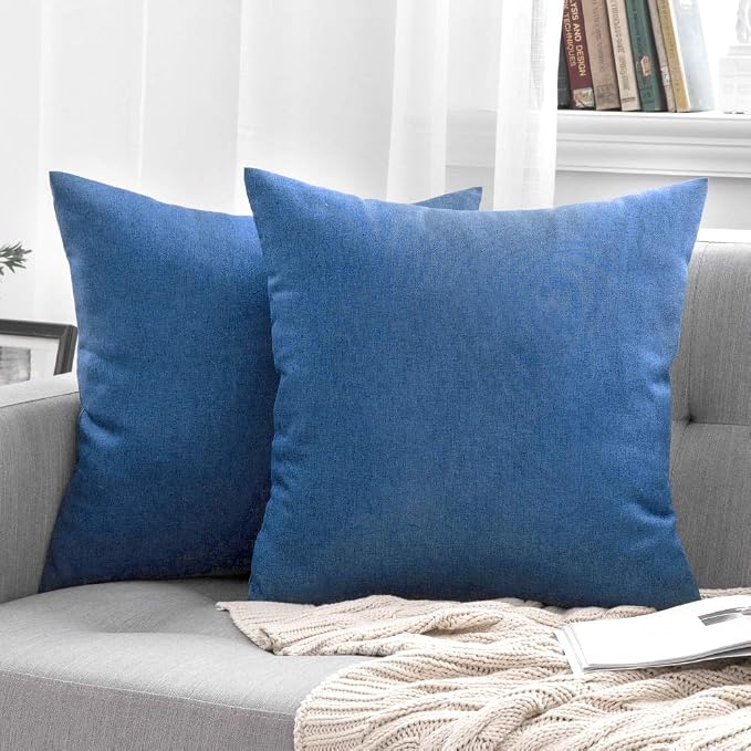 MIULEE Pack of 2 Decorative Outdoor Solid Waterproof Throw Pillow Covers Faux Linen Garden Farmhouse Coastal Cushion Cases for Summer Patio Tent Balcony Couch Sofa 18x18 Inch Blue