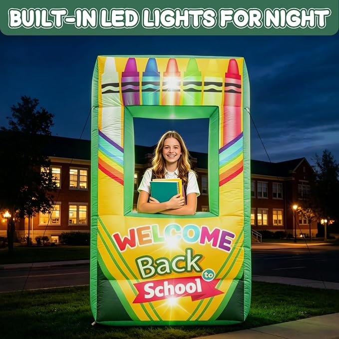 5.9FT Inflatable Crayon Photo Prop, Back to School Party Decoration First Day of School Photo Booth Crayon Selfie Frames for Welcome School Party Decors Outdoor Yard Garden Decor