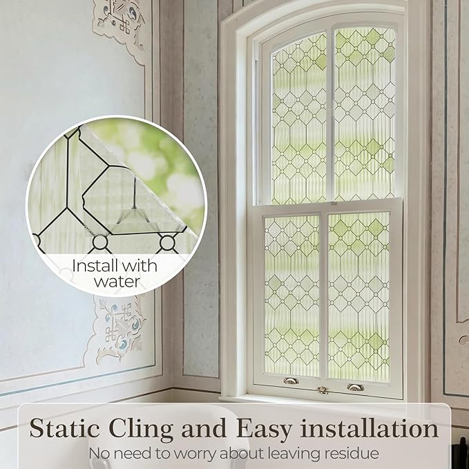 SUNBABY Reeded Glass Window Privacy Film, Decorative Frosted Glass Window Film for Bathroom & Front Door, 3D Static Cling Window Coverings Day and Night Privacy Sun Heat Blocking (23.6 x 157.4 Inch)