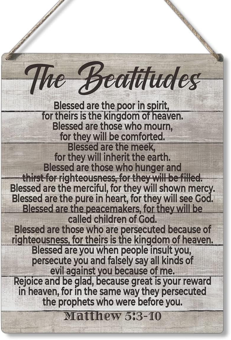 Inspirational Bible Gift Signs the Beatitudes Blessed are the Poor in Spirit for Theirs is the Kingdom of Heaven Wooden Hanging Sign Religious Scripture Art Wall Home Decoration 10 x 8 Inches