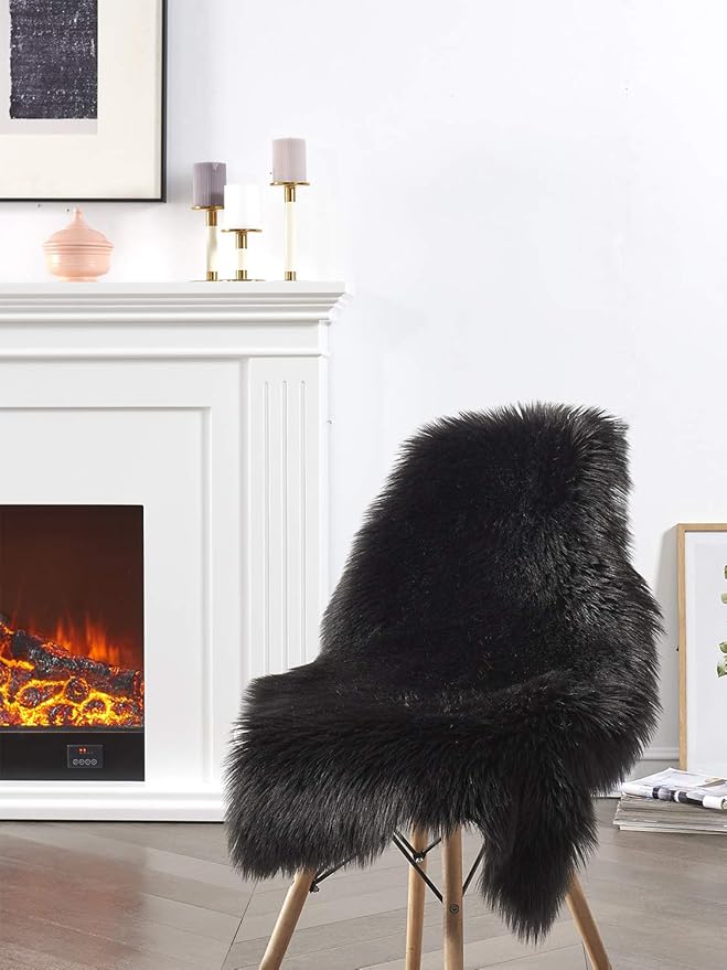 SERISSA Soft Faux Sheepskin Fur Rug Black Fluffy Area Rug Shag Rug Carpets for Bedroom Floor Living Room Decor 2 x 3 Feet