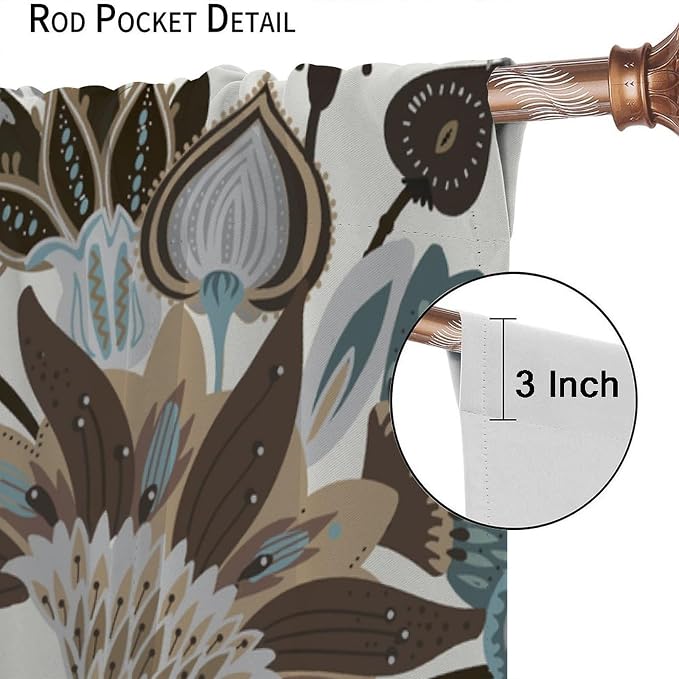 Paisley Floral Blackout Curtains, Bohemian-Style Vintage Brown Printed Window Treatments, for Bedrooms and Living Rooms84X84 Inch