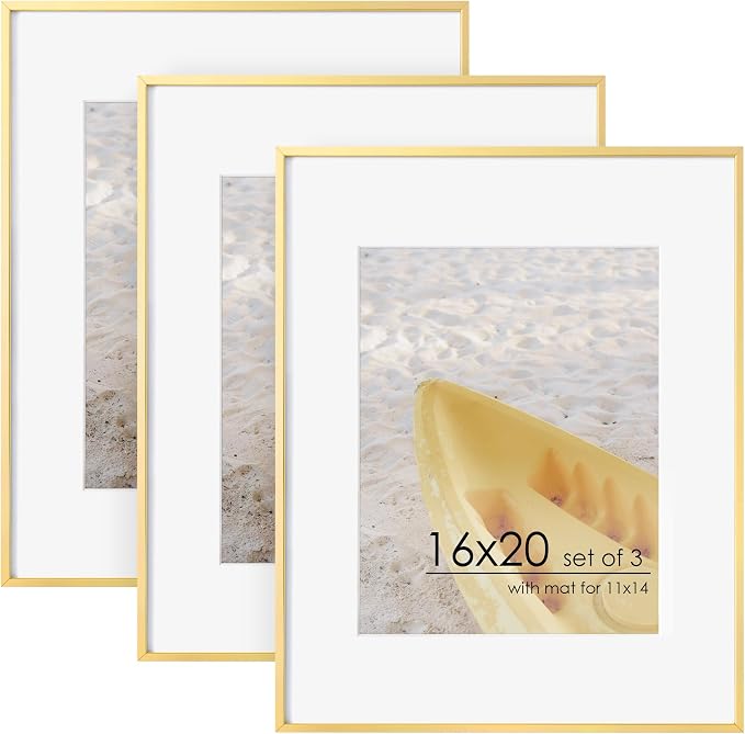 FLYJOE 16x20 Metal Picture Frame For Wall With Mat For 11x14, 16''x20'' Aluminum Photo Frames With Tempered Glass For Home Decor, Minimalist Modern Poster Frame Horizontally Vertically Set of 3, Gold