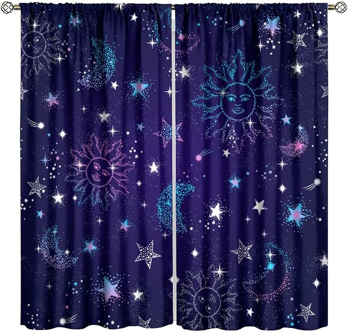 Sun Moon Stars Blackout Window Curtains, Space Galaxy Pattern Print Window Treatment Drapes for Bedroom Living Room 72" W X 63" L